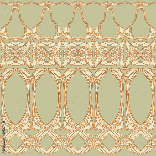 Seamless pattern, border. Wood carving imitation in art nouveau style, vintage, old, retro style. Colored vector illustration in soft green and beige colors.