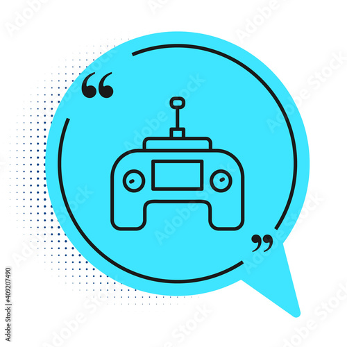 Black line Drone radio remote control transmitter icon isolated on white background. Blue speech bubble symbol. Vector.