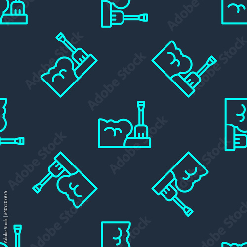 Green line Shovel in snowdrift icon isolated seamless pattern on blue background. Vector.