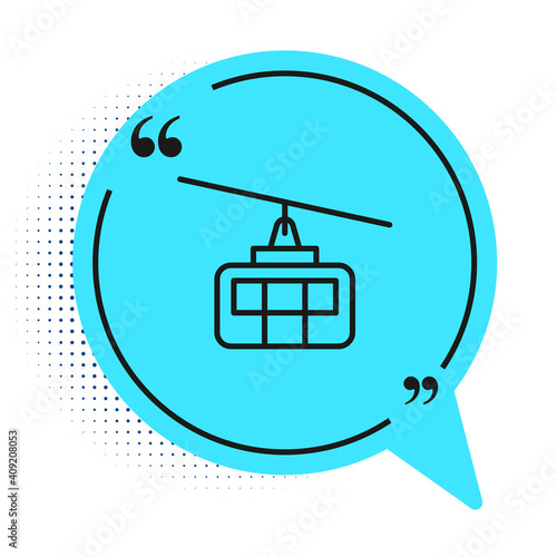 Black line Cable car icon isolated on white background. Funicular sign. Blue speech bubble symbol. Vector.