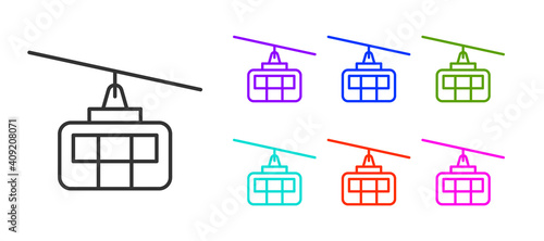 Black line Cable car icon isolated on white background. Funicular sign. Set icons colorful. Vector.