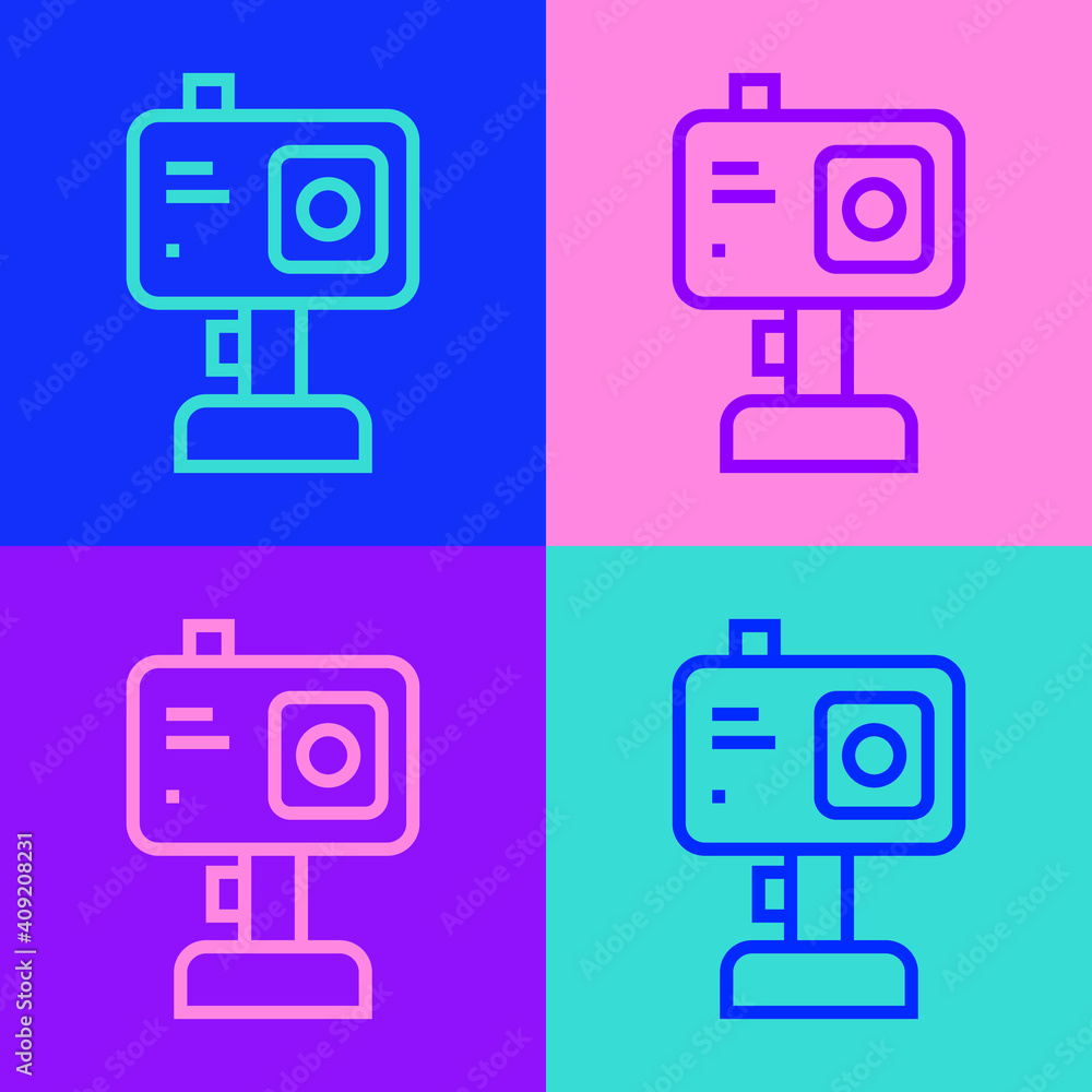 Pop art line Action extreme camera icon isolated on color background. Video camera equipment for filming extreme sports. Vector.