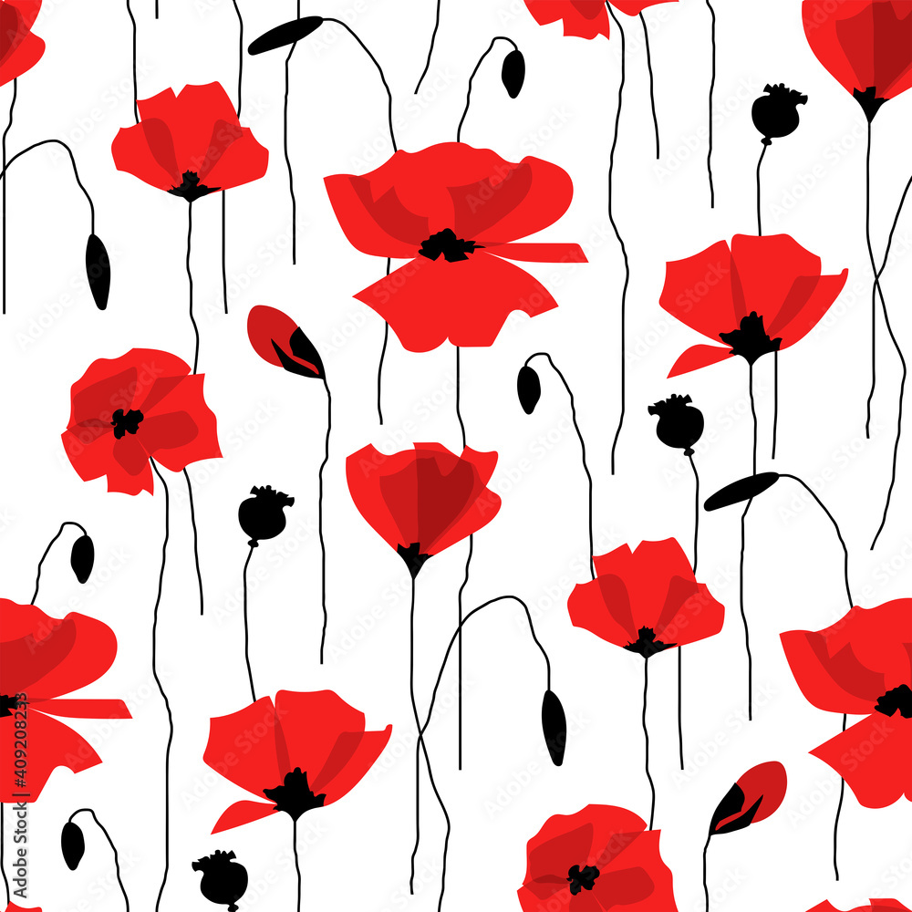 Fototapeta Red poppy flowers on white background. Seamless pattern. Flat cartoon style.