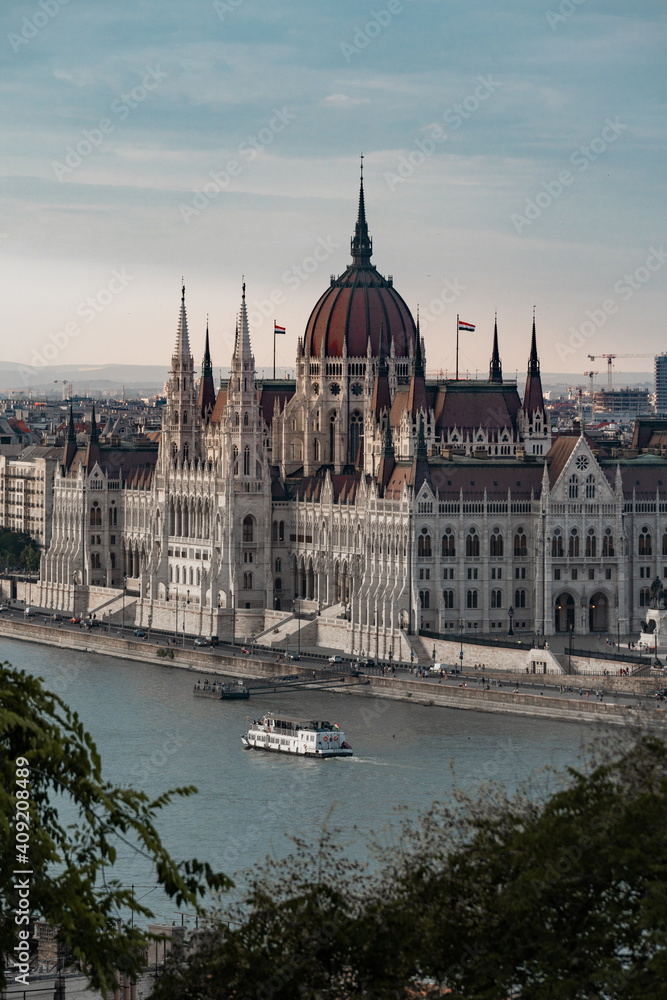 Budapest, Hungary. Night view on Parliament building over delta of Danube river.