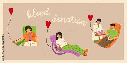 Blood donor concept. Men and women donate blood voluntarily. A nurse or doctor in a medical uniform and a protective mask assists at the blood transfusion station. Vector flat color illustration 