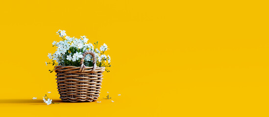White flowers in wooden basket on yellow spring background 3D Rendering