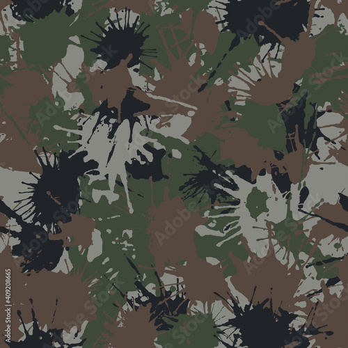 Blots khaki camo seamless chaotic pattern of paint splashes spots. Vector hand drawn camouflage texture for printing on fabric. Urban ink grunge background