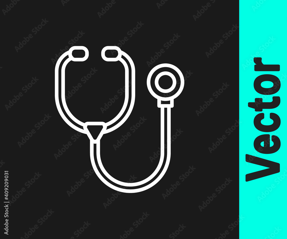 White line Stethoscope medical instrument icon isolated on black background. Vector. White line Stethoscope medical instrument icon isolated on black background. Vector.