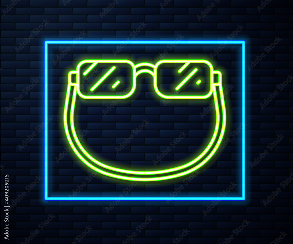 Glowing neon line Eyeglasses icon isolated on brick wall background. Vector. Glowing neon line Eyeglasses icon isolated on brick wall background. Vector.
