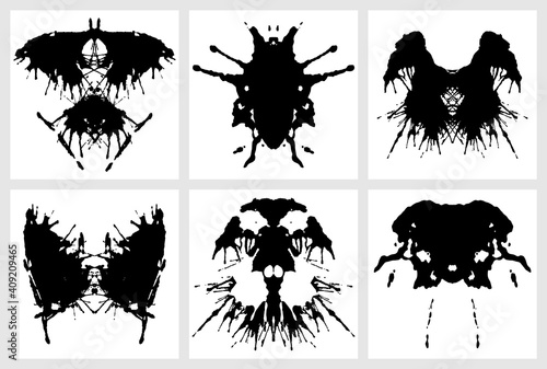 Ink blot for psychiatric evaluations. Rorschach test. Vector set of grunge abstract black spots 