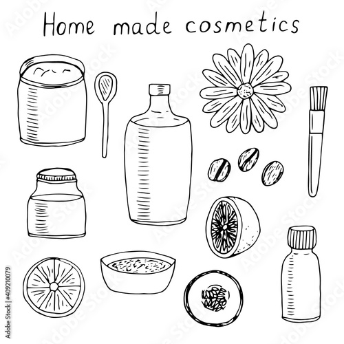 Set of home made cosmetics, vector doodle illustration, jars, spoon, brush and products