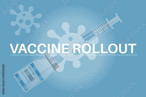 Coronavirus Vaccine rollout - COVID-19 vaccine bottle on a blue background with virus logo.