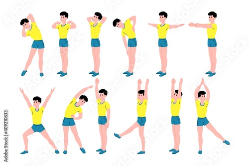 Workout boy set. Man doing fitness and yoga exercises and lead healthy lifestyle. Full body workout with ball. Lunges and squats, plank and abc. Flat vector cartoon illustration. 
