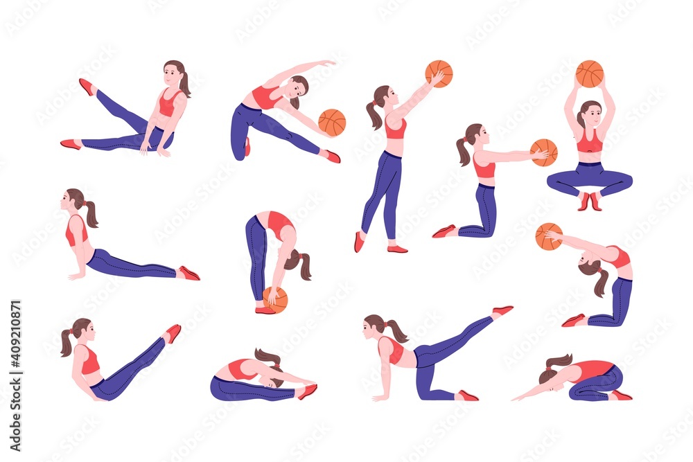 Workout girl set. Woman doing fitness and yoga exercises and lead healthy lifestyle. Full body workout with ball. Lunges and squats, plank and abc. Flat vector cartoon illustration. 