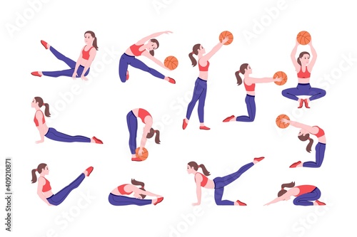 Workout girl set. Woman doing fitness and yoga exercises and lead healthy lifestyle. Full body workout with ball. Lunges and squats, plank and abc. Flat vector cartoon illustration. 
