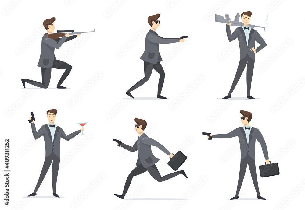Emissary man adventures set. Secret spy agent aiming weapon, using gun, drinking cocktail. Vector illustration for espionage, national security character, intelligence service concept Emissary man adventures set. Secret spy agent aiming weapon, using gun, drinking cocktail. Vector illustration for espionage, national security character, intelligence service concept