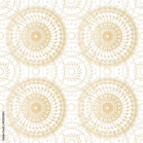 Seamless pattern with gold lace mandalas on white background. Vector design.