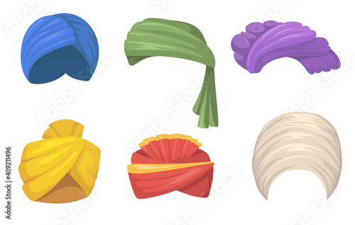 Traditional turbans set. Indian and Arabic hats, colorful sikh headgear fires isolated on white. Vector illustration for India, Asian fashion, culture, ethnic clothes concept photo