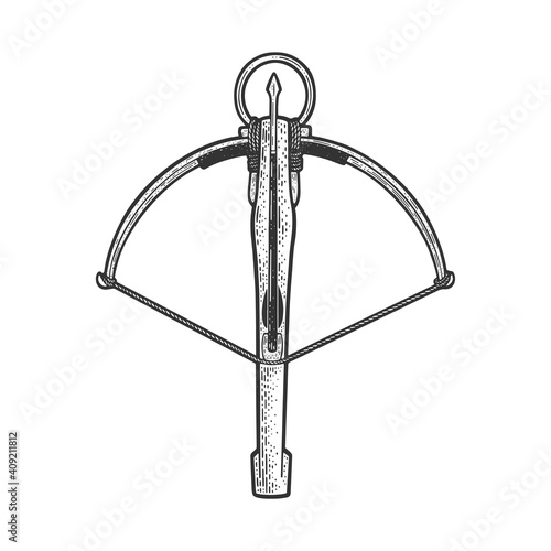 Crossbow sketch engraving vector illustration. T-shirt apparel print design. Scratch board imitation. Black and white hand drawn image.