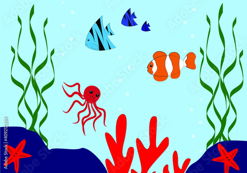 sea floor, ocean, octopus and fish, corals and algae