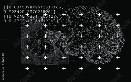 Sci-fi futuristic dashboard with message boxes and windows. Computer screen of scientist's desktop with brain MRI scans, programs and charts.