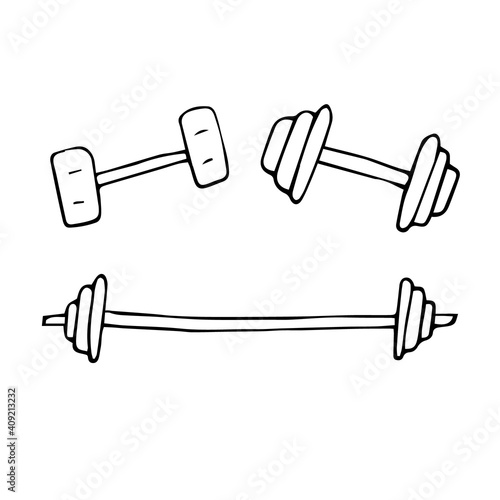 Dumbbells and barbell for fitness, vector doodle illustration, hand-drawn sketch