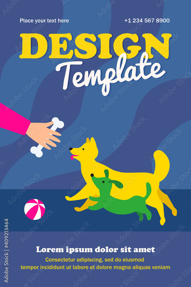 Naklejka premium Person playing and training dogs outside. Toy, pet. Flat vector illustration. Dog handler concept can be used for presentations, banner, website design, landing web page