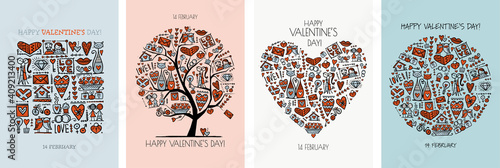 Valentine's day card design. Love Tree, Art Frame, Heart shape. Wedding set.