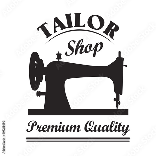 Black silhouette of sewing machine emblem template for tailor store. Vector illustrations of tailoring instrument or tool. Craft concept for handmade shop or sewing classes emblem design