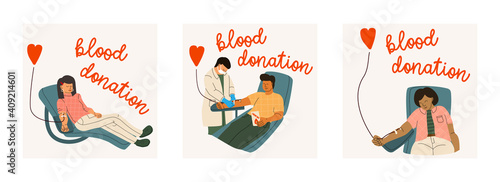 Set of vector illustrations on blood donor concept. Men and women donate blood voluntarily. A nurse or doctor in a medical uniform and a protective mask assists at the blood transfusion station.