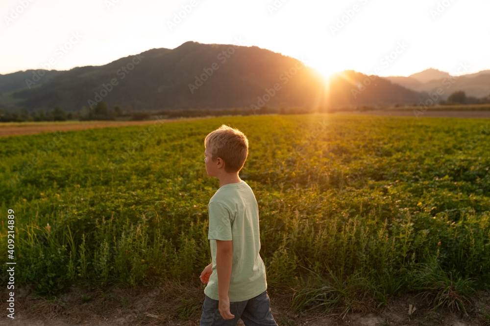 Young thoughtful boy is walking in the golden sunset through the mountains