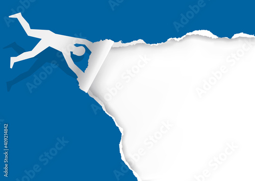 Flying man,tearing paper, funny torn paper banner template. 
Paper silhouette of man revealing white background with place for your text or image. Vector available.