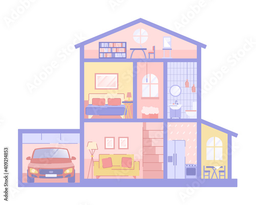 Dollhouse toy with two floors and attic - isolated vector kid illustration. Cross section of paper house with kitchen, bathroom, bedroom and car in garage. Big modern doll house for girl or boy