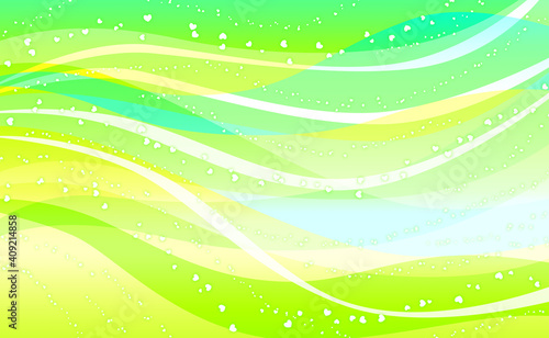 水の波や風の動きのイメージと光の粒、黄色〜緑色〜水色系のグラデーション 