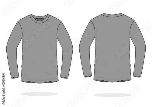 Blank Gray Long Sleeve T-Shirt Template on White Background. Front and Back Views, Vector File.