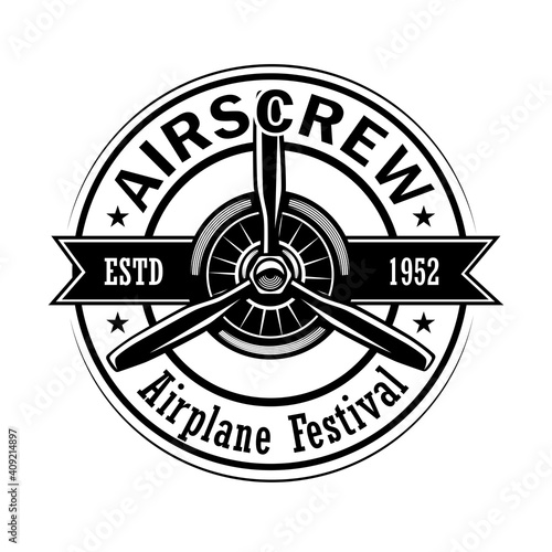 Airplane festival label design. Monochrome element with biplane or retro plane propeller vector illustration with text. Pilot training school concept for stamps and emblems templates