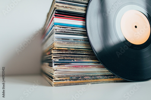 Close up of stack of vinyl records collection
