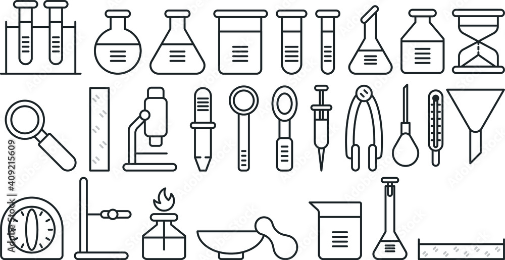 Chemistry science laboratory outline icon set. Pharmacy and chemistry, education and science elements and equipment Chemistry science laboratory outline icon set. Pharmacy and chemistry, education and science elements and equipment