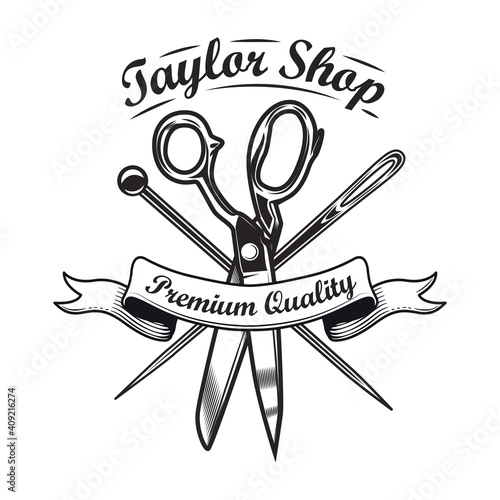 Black sewing tools emblem template for handmade store. Vector illustrations of tailoring needles, pins and scissors. Craft concept for tailor shop or sewing classes emblem design