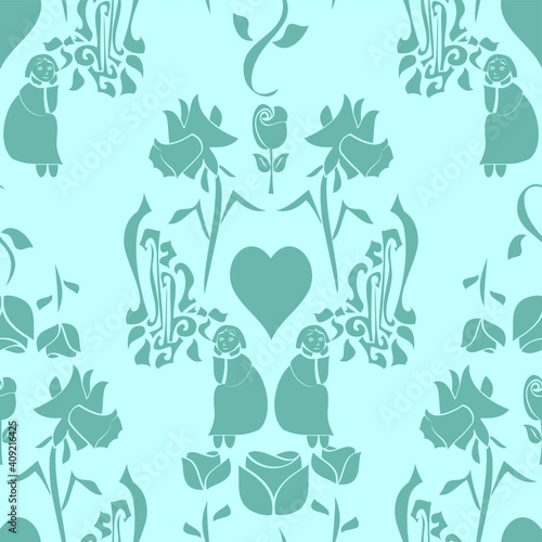 Daydreaming Girls With Flowers Pattern In Two Shades Of Aqua