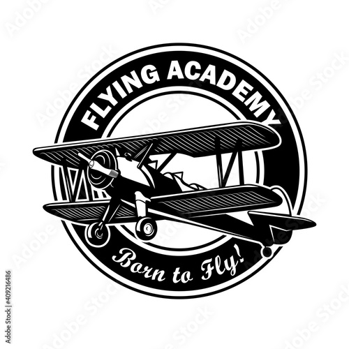 Flying academy circular label design. Monochrome element with biplane or retro airplane vector illustration with text. Pilot training school concept for stamps and emblems templates photo