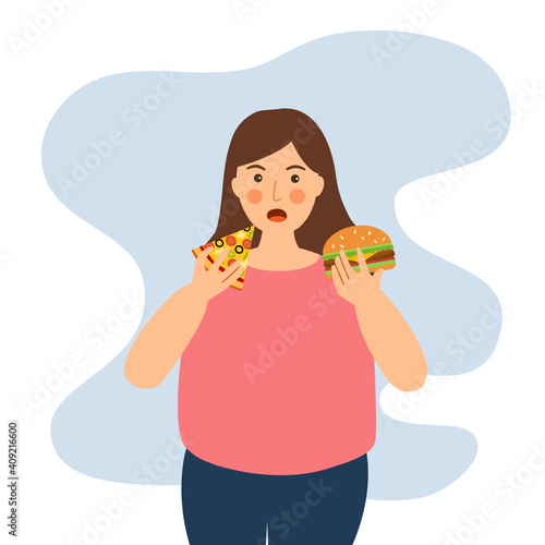 Fat woman eating hamburger and pizza in flat design. Hungry female eating fast food for lunch or dinner on white background. 