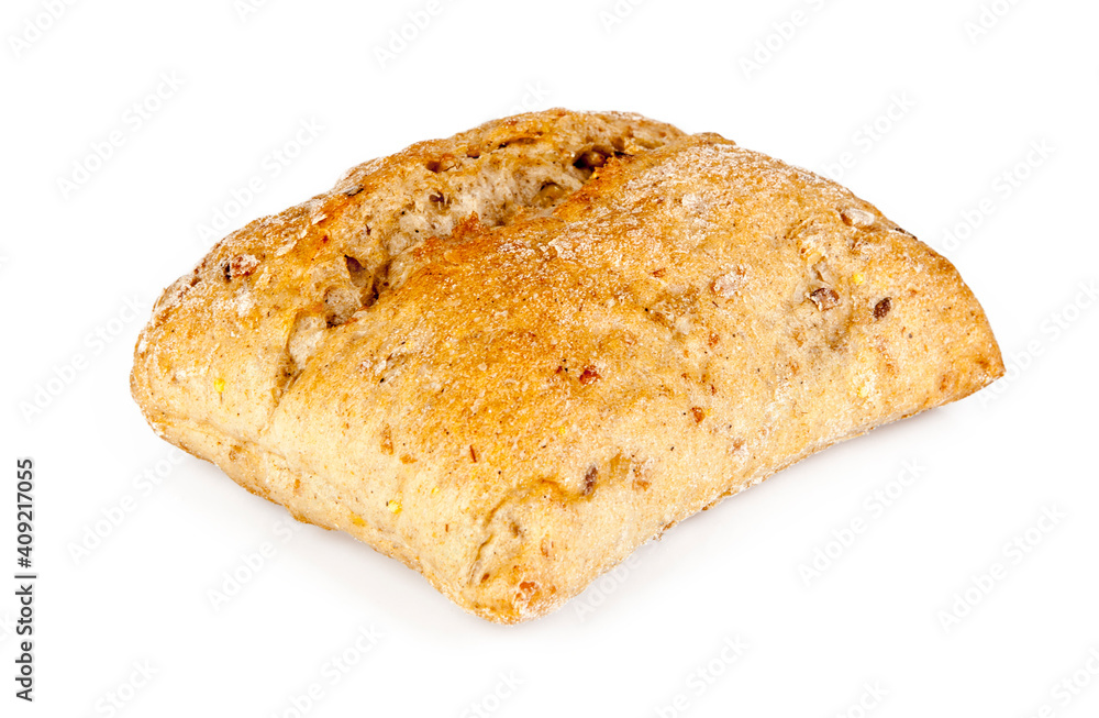 Fresh wholemeal roll isolated on a white background. View from another angle in the portfolio.