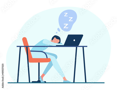 Woman sleeping at table with laptop. Computer, desk, work flat vector illustration. Fatigue and overworking concept for banner, website design or landing web page