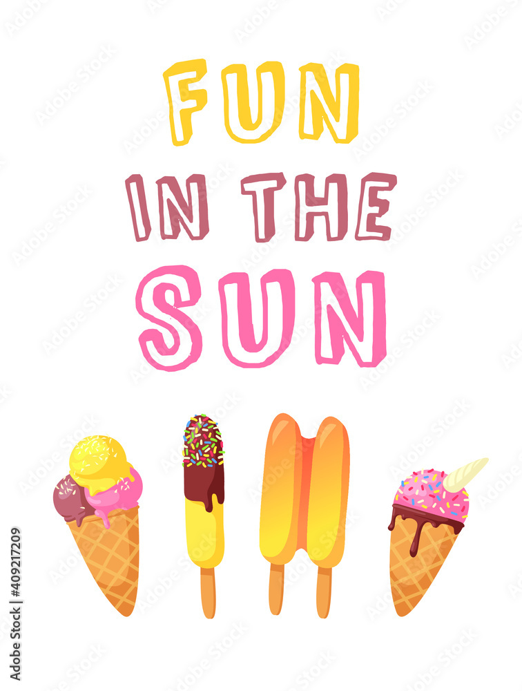Hand Drawn Ice Cream Vector Artistic Drawing and Quote. Summer Illustration Sweet Fast Food Emoticon. Funny Emoji and Text Hand Drawn Ice Cream Vector Artistic Drawing and Quote. Summer Illustration Sweet Fast Food Emoticon. Funny Emoji and Text