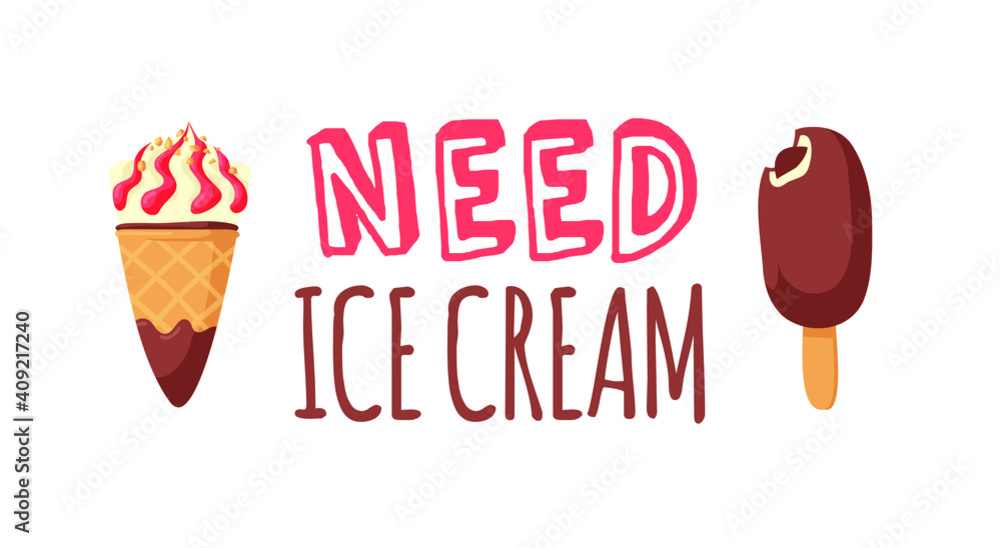 Hand Drawn Ice Cream Vector Artistic Drawing and Quote. Summer Illustration Sweet Fast Food Emoticon. Funny Emoji and Text Hand Drawn Ice Cream Vector Artistic Drawing and Quote. Summer Illustration Sweet Fast Food Emoticon. Funny Emoji and Text