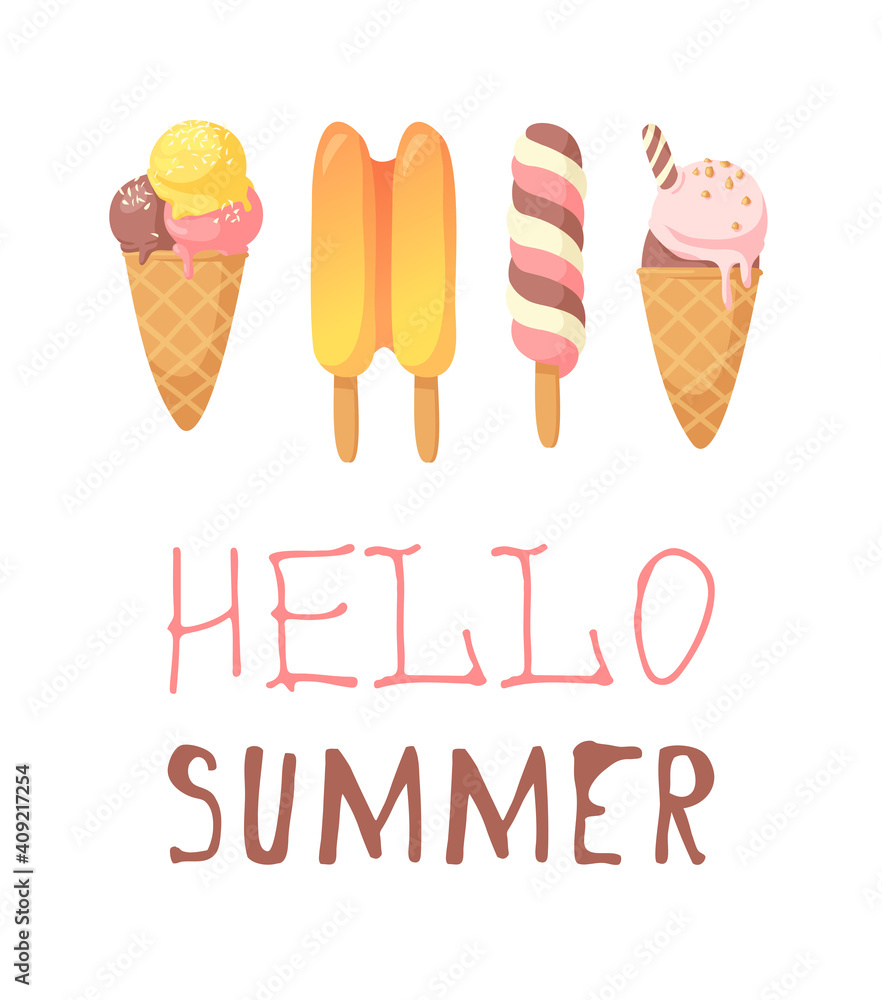 Hand Drawn Ice Cream Vector Artistic Drawing and Quote. Summer Illustration Sweet Fast Food Emoticon. Funny Emoji and Text Hand Drawn Ice Cream Vector Artistic Drawing and Quote. Summer Illustration Sweet Fast Food Emoticon. Funny Emoji and Text