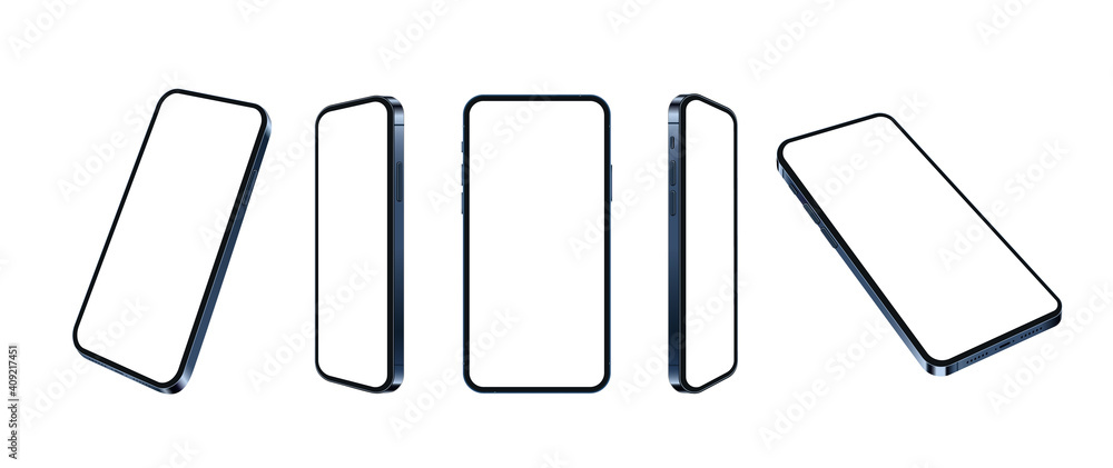 Blue smartphone realistic mockup, set of different angles mobile phone isolated. Blank screens for present app or web design. 3d cellular concept on white background, vector illustration. Blue smartphone realistic mockup, set of different angles mobile phone isolated. Blank screens for present app or web design. 3d cellular concept on white background, vector illustration.