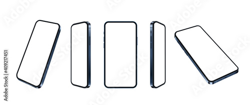 Blue smartphone realistic mockup, set of different angles mobile phone isolated. Blank screens for present app or web design. 3d cellular concept on white background, vector illustration.
