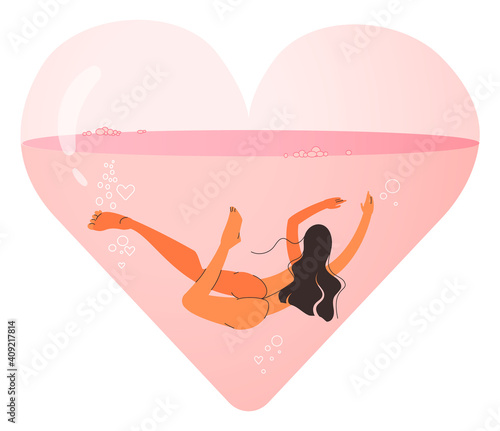 Stylish vector illustration. A girl in love floats in the heart. Isolated vector illustration